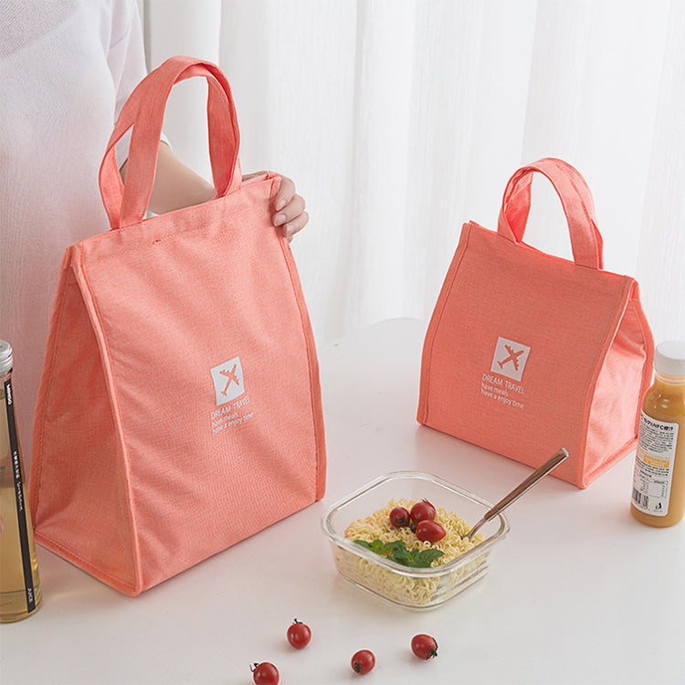 Orange insulated lunch bag tote with open interior and carrying handle for snacks.