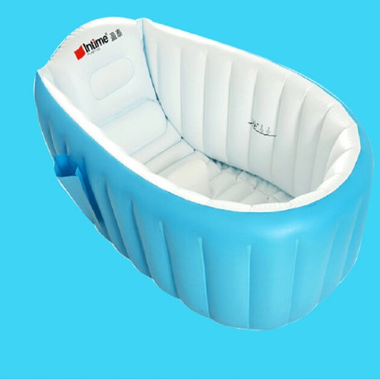 Blue inflatable baby bath tub with white interior and raised side walls