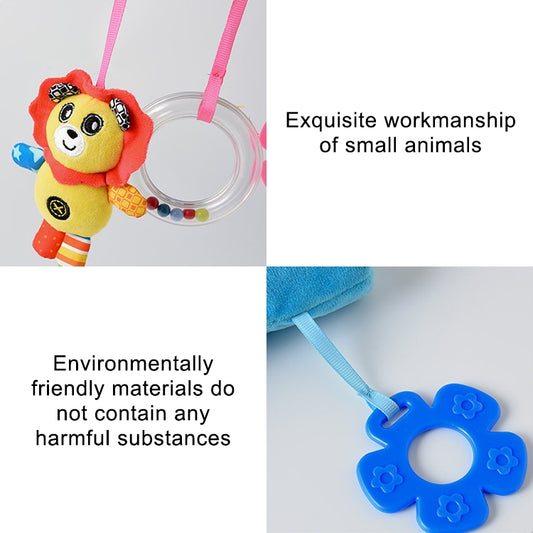 Baby stroller hanging animal rattle with stuffed animal plush, clear beaded ring, blue pendant