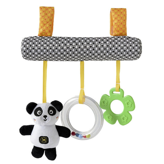 Baby stroller hanging animal rattle ornament with panda plush and beaded ring toy