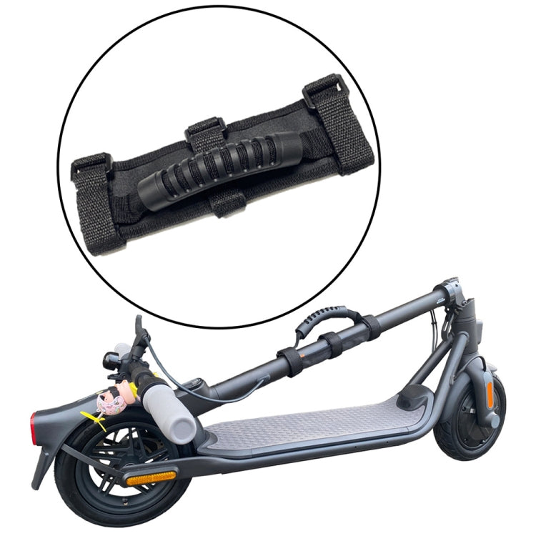 Black canvas scooter handle strap with adjustable hook-and-loop closures