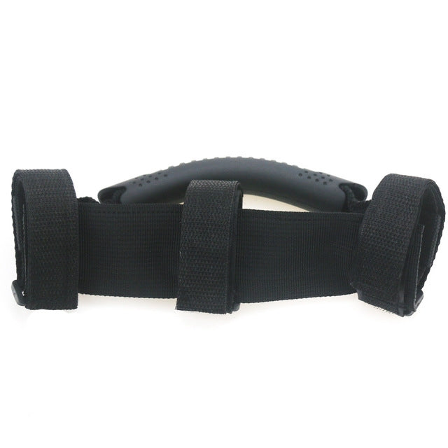 Black canvas handle strap with three wide hook-and-loop bands