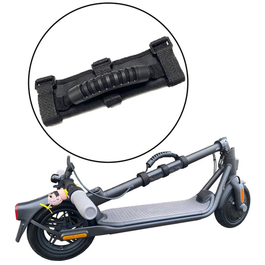 Black canvas scooter handle strap with adjustable hook-and-loop closures
