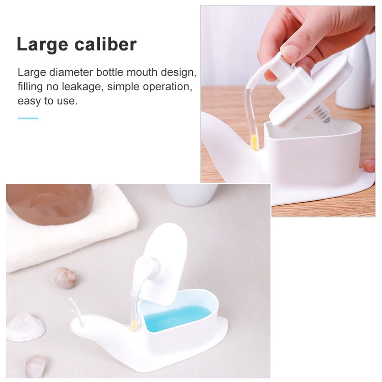 White snail-shaped dispenser with black-tipped nozzle; large opening with pump head