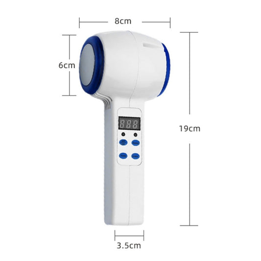 Hot-cold facial device with blue circular head and digital display; 8cm by 19cm
