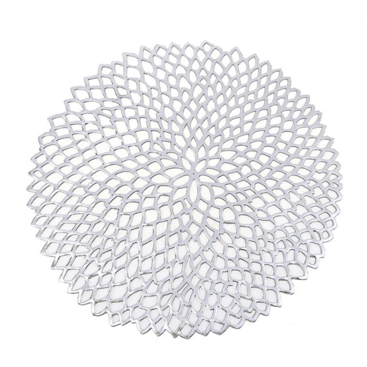 Silver round PVC lace placemat with hollow mesh pattern
