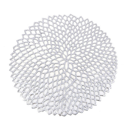 Silver round PVC lace placemat with hollow mesh pattern