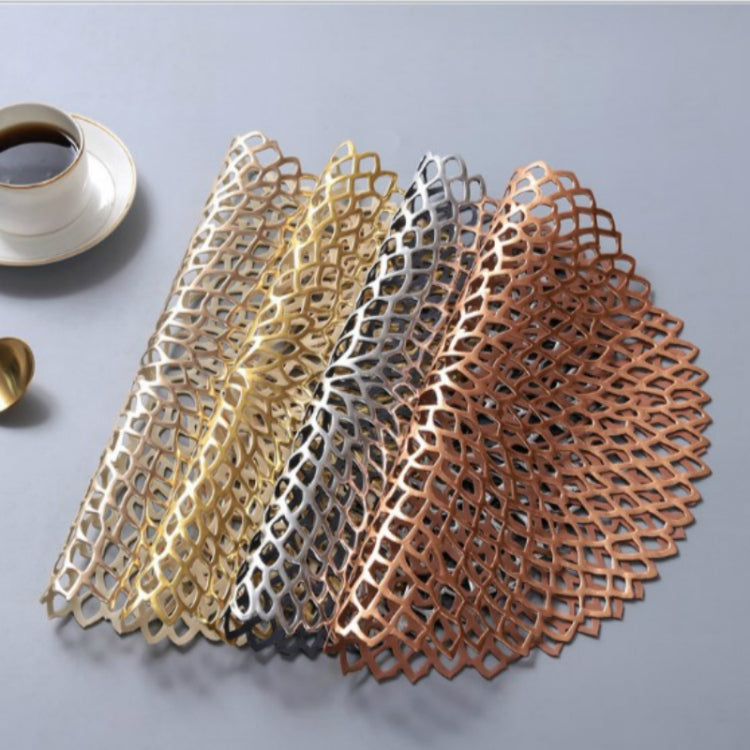 Assorted metallic round PVC lace placemats, layered in gold, silver, black, copper