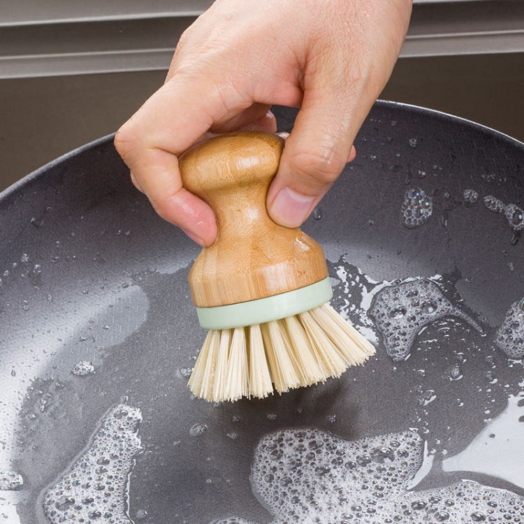 Dish scrubber brush with wooden handle, green band, cream bristles; hand grip