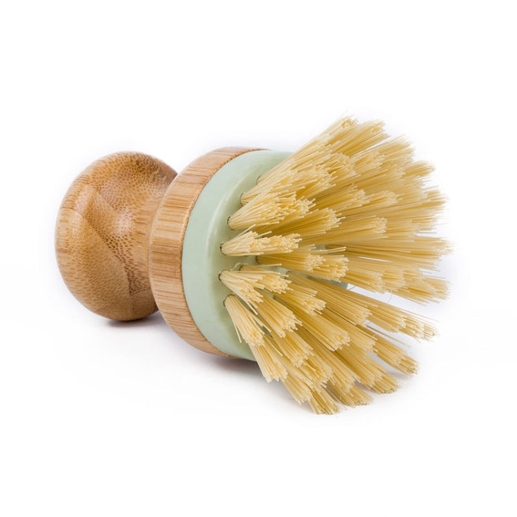 Dish scrubber brush head with cream bristles and green band on wooden handle