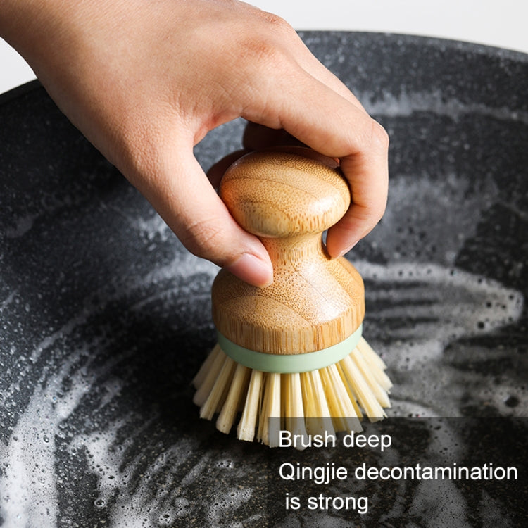 Dish scrubber brush with wooden handle, green band, cream bristles; hand holds upright