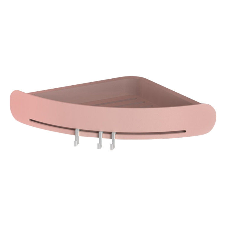 Red wall-mounted triangular plastic storage basket with three hooks, punch-free style