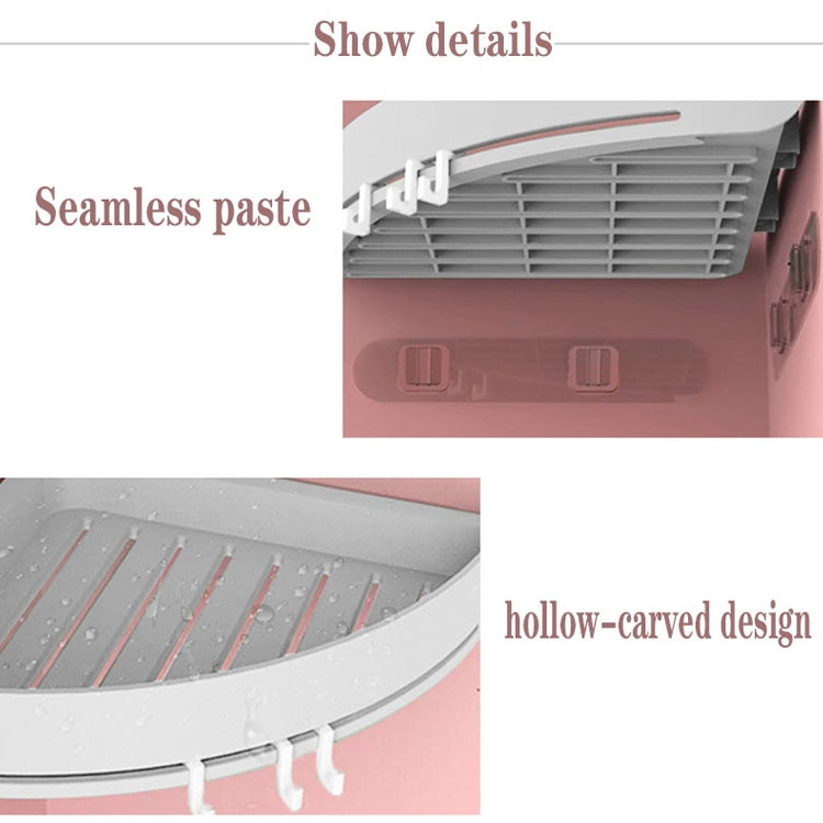 Triangular wall basket with vented slats and three hanging hooks for bathroom storage
