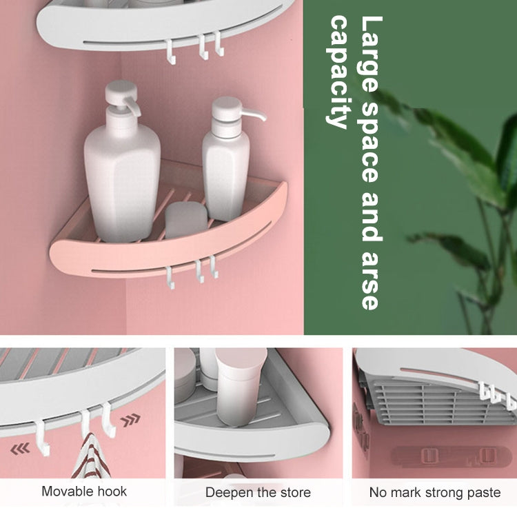 Triangular wall shelf basket with three hooks holding toiletry bottles