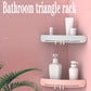Pair of wall-mounted triangular plastic storage racks with hooks for bathroom essentials