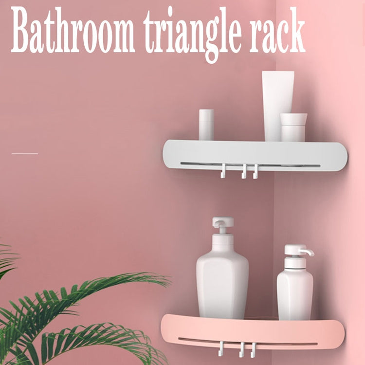 Pair of wall-mounted triangular plastic storage racks with hooks for bathroom essentials