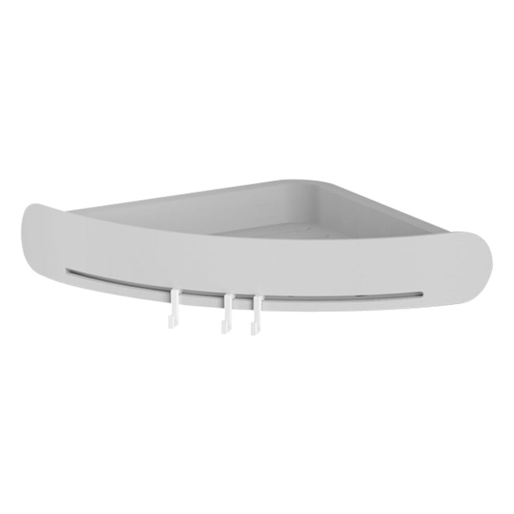 Light grey wall-mounted triangular plastic storage basket with three hooks, vented base