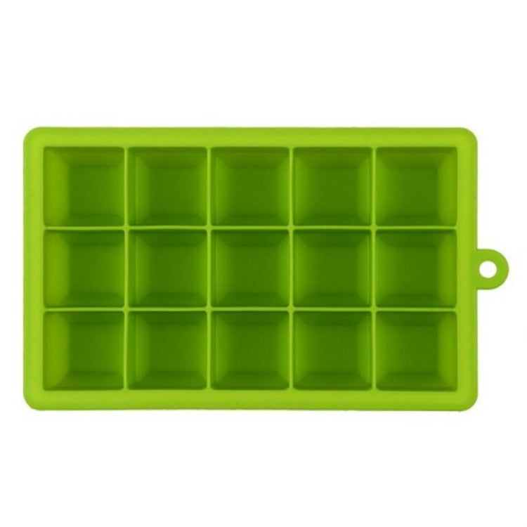 Green 15-grid silicone ice tray with square ice cube molds and handle loop