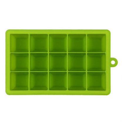 Green 15-grid silicone ice tray with square ice cube molds and handle loop