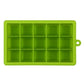 Green silicone ice tray with 15 square cavities and side handle loop