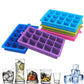 Silicone ice tray set with 15-grid square molds in blue, purple, and pink