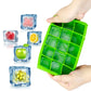 Green 15-grid silicone ice tray holding square fruit ice cubes
