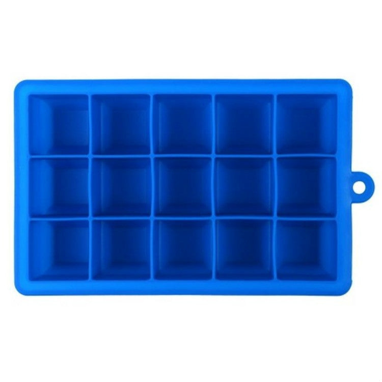 Dark blue 15-grid silicone ice tray with square ice cube molds and handle loop