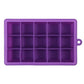 Purple silicone ice cube tray with 15 square molds and handle loop