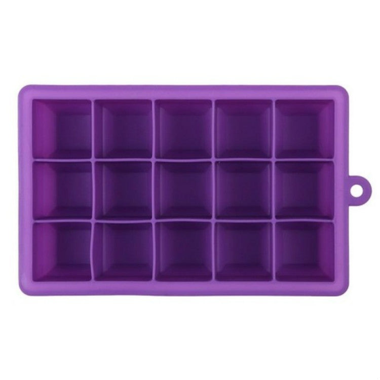 Purple silicone ice cube tray with 15 square molds and handle loop