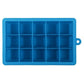 Blue silicone ice cube tray with 15 square molds and handle loop