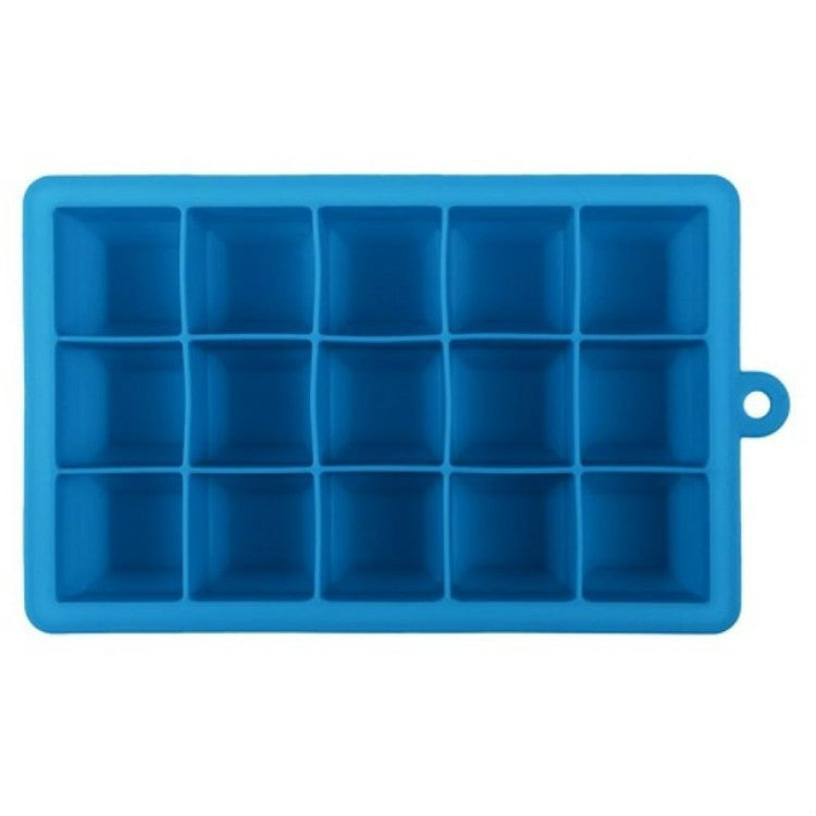 Blue silicone ice cube tray with 15 square molds and handle loop