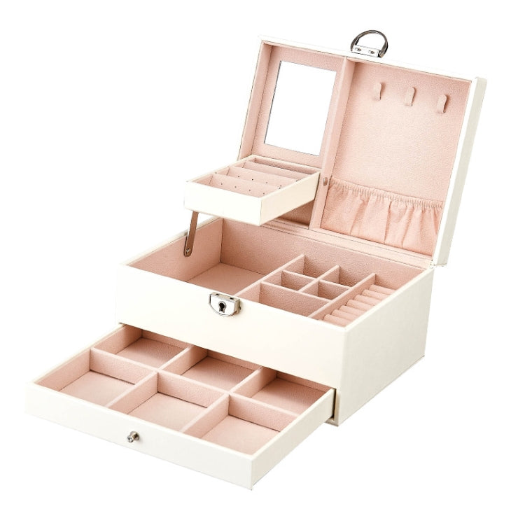 White jewelry organizer box with lid open, divided compartments and pink fabric pad