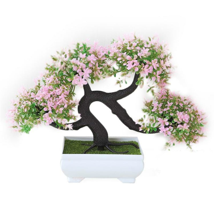 Pink pine desktop decoration bonsai tree in white planter with dark curved trunk