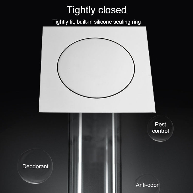 Foot-operated floor drain cross-section showing tight silicone sealing ring and lid