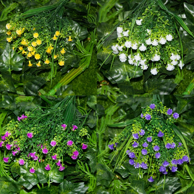 Artificial flower stems with white, pink, and purple clustered blossoms on green foliage