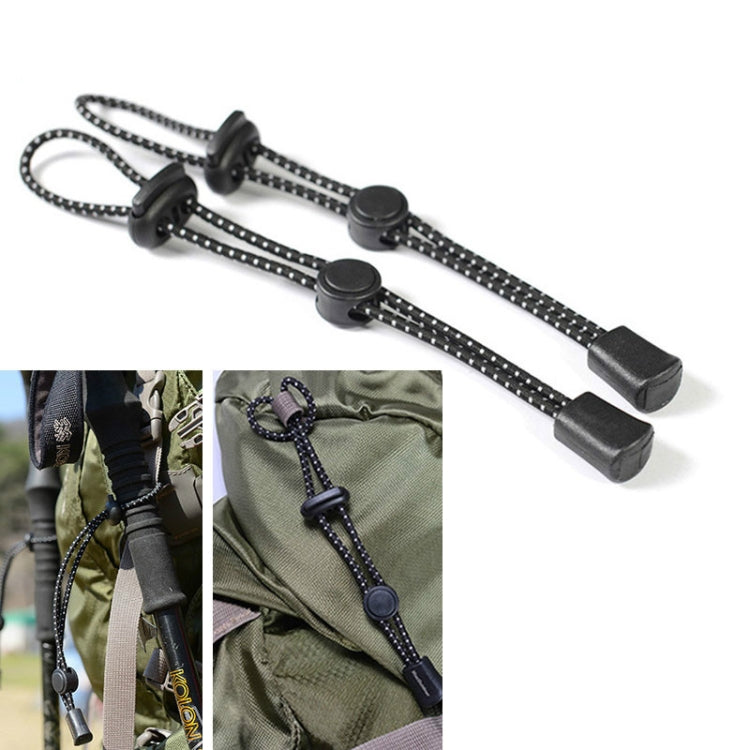 Trekking pole securing straps with elastic rope and black buckles, patterned cord