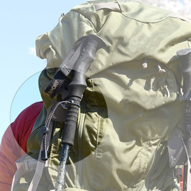 Backpack trekking pole straps with elastic rope and black buckles on olive fabric