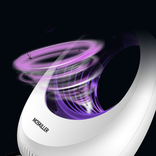 White mosquito trap lamp emitting purple glow from top grille
