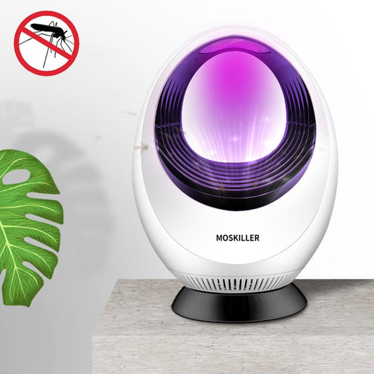 White LED mosquito trap lamp with glowing purple light ring, on round base