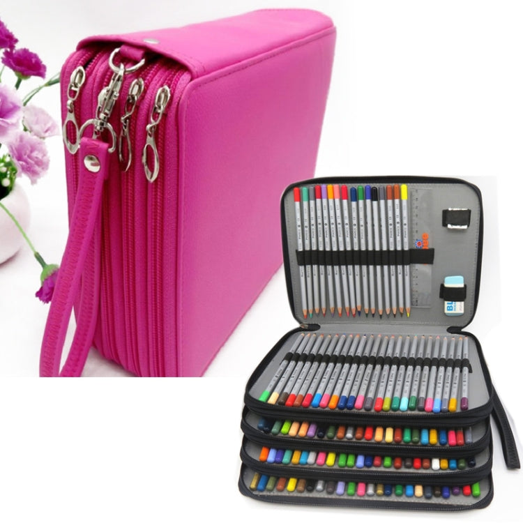 Rose red PU leather pencil case, open with colorful pencils in compartments