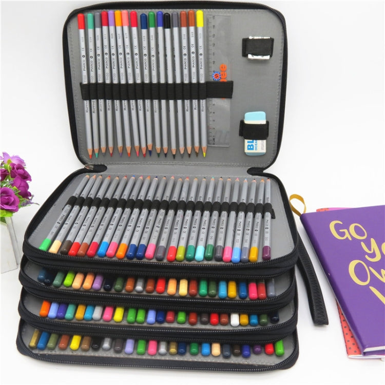Black PU leather pencil case, open with rows of colored pencils in slots