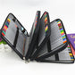 Black PU leather pencil case opened wide with pencil-filled compartments