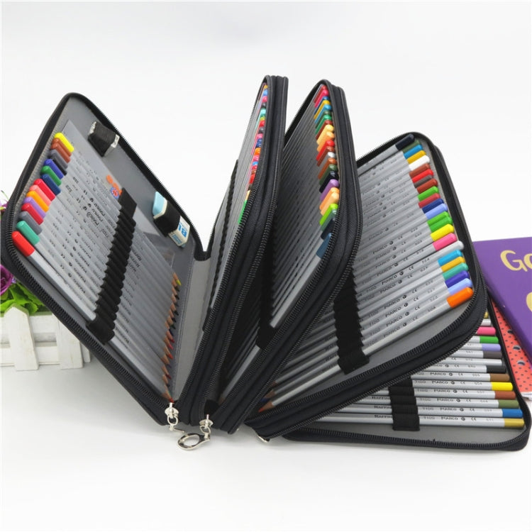 Black PU leather pencil case opened wide with pencil-filled compartments