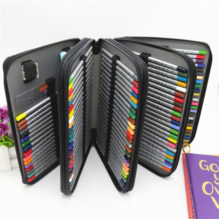 Black PU leather fold-out pencil case with colored pencils in gray-lined slots