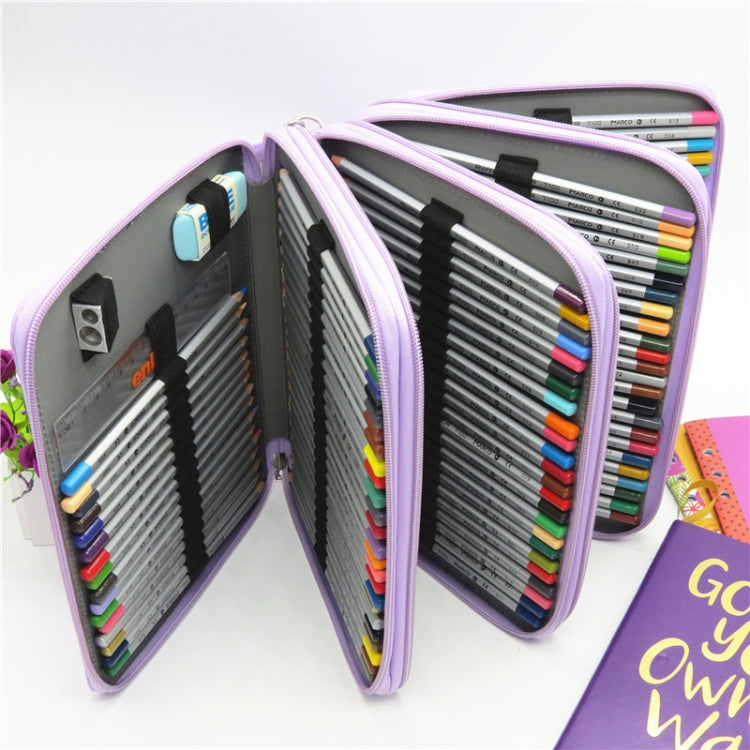 Lavender PU leather pencil case, open with colorful pencils in fold sections