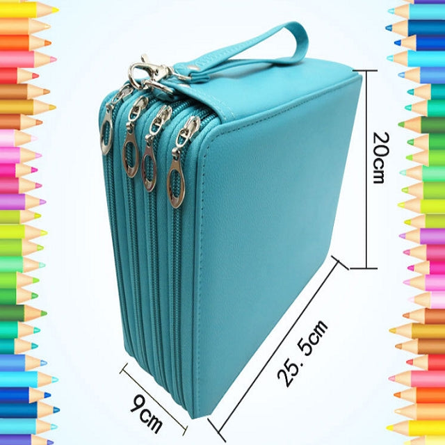 Teal PU leather pencil case, closed; 20cm x 25.5cm x 9cm dimensions shown