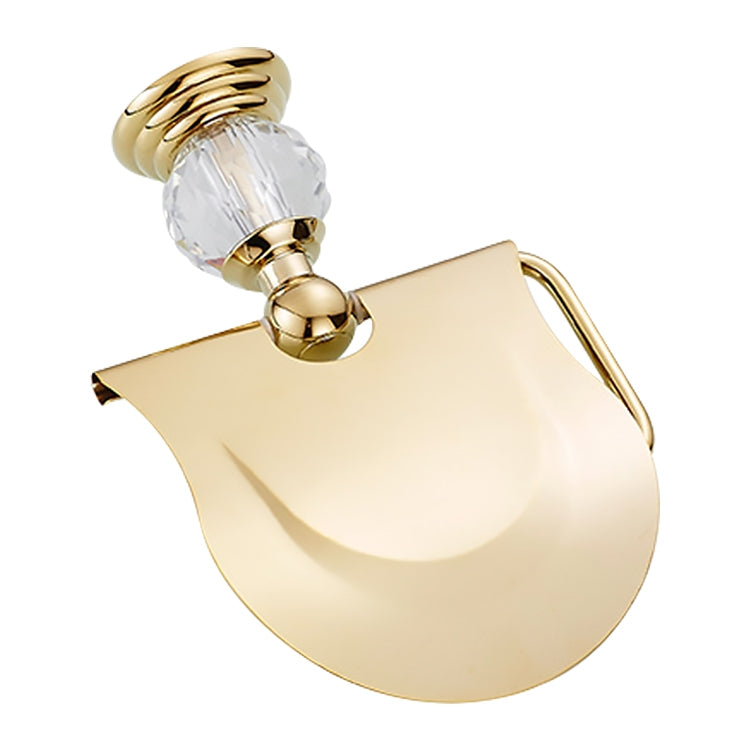 Gold toilet paper roll holder with clear crystal finial and curved mounting arm