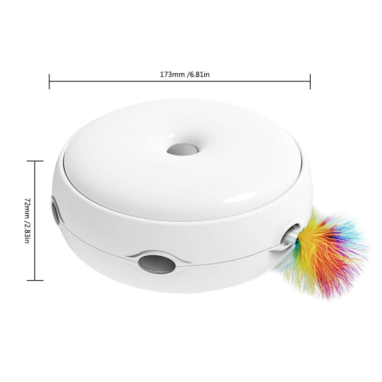 White rotating cat toy with rainbow feather attachment on the side