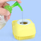 Yellow pet bath brush filled through central opening from a bottle spout