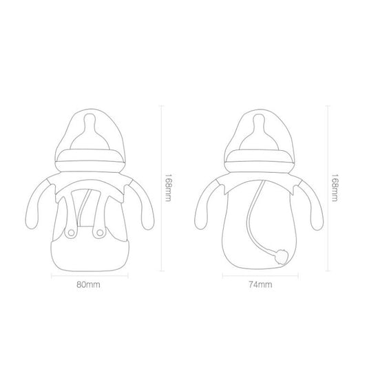 Baby bottle outline with silicone straw lid, front and side size diagram, 80mm/74mm